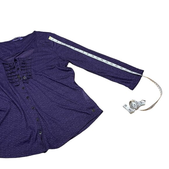 Mexx Purple Scoop Neck Sheer Top Blouse 3/4 Roll Up Sleeves Button Up Ruffle XL - Picture 14 of 15